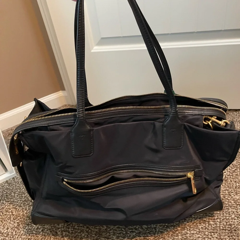 Tory Burch Black Nylon Tote with Green Leather Tag and Gold Logo Charm